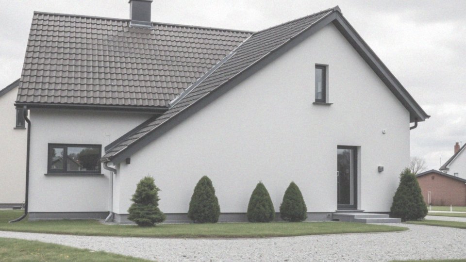 W jaki sposób odcienie szarości wpływają na wygląd budynku z brązowym dachem?